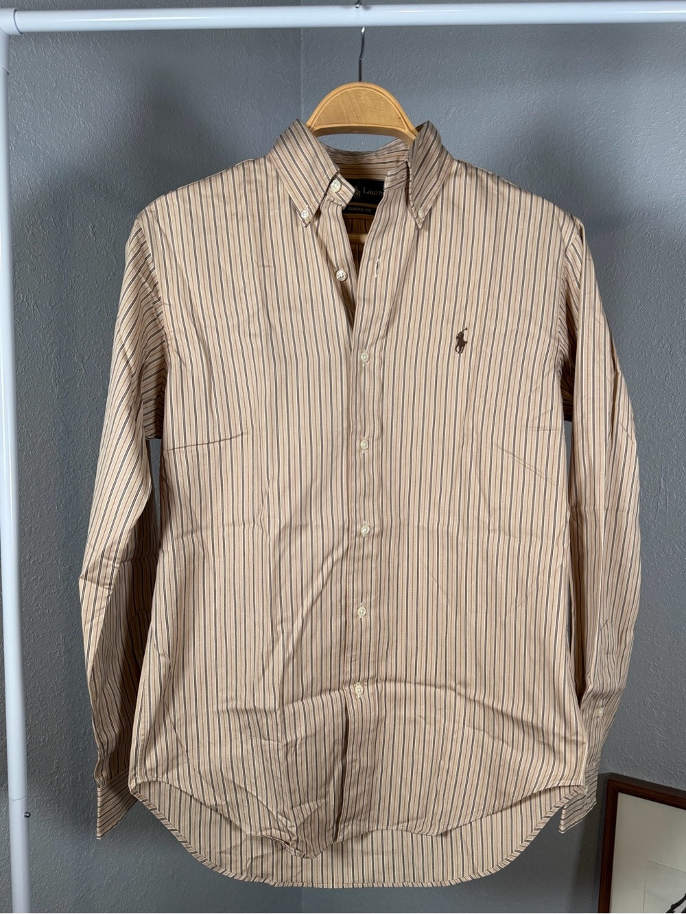 Ralph Lauren Men’s Beige and Brown Striped Button-Down Shirt